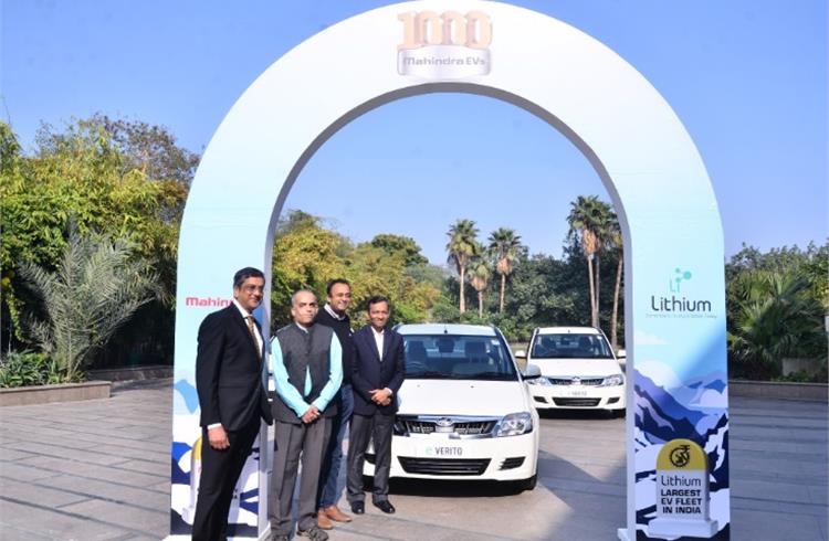 Dr Pawan Goenka, MD, Mahindra & Mahindra; Sanjay Krishnan, co-founder and CEO, Lithium Urban Technologies; Ashwin Mahesh, co-founder, Lithium Urban Technologies and Arvind Mathew, chief of International Operations, Mahindra, at the milestone announcement of 1,000 Mahindra electric vehicles in Lithium fleet.