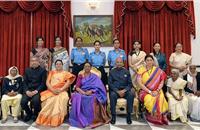 President Ram Nath Kovind with the 15 recipients of the 2019 Nari Shakti Puruskar, at Rashtrapati Bhavan, in New Delhi. Union Minister for Women & Child Development and Textiles, Smriti Irani, the Minister of State for Women and Child Development, Sushri Debasree Chaudhuri and other dignitaries are also seen.