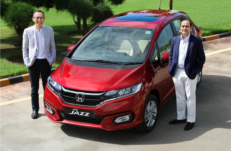 L-R: Gaku Nakanishi, president and CEO, Honda Cars India with Rajesh Goel, senior VP - director, Marketing Sales Honda Cars India with the new Jazz.