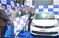 Senior management of Wise Travel India and representatives of Tata Motors flagging off the Tata Tigor EVs at Concorde Motors, Lajpat Nagar, New Delhi.