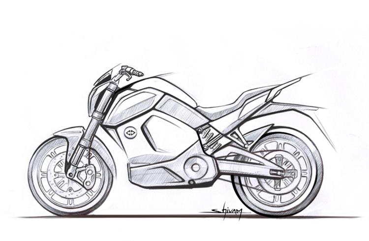 First sketch of Revolt Intellicorp’s upcoming electric motorcycle. The AI-enabled, LTE-connected bike will have a top speed of 85kph and a range of 150km. 