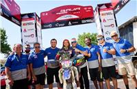 Aishwarya Pissay with members of the Sherco TVS Rally Factory team at Teruel, in the the fourth round of the FIM Bajas World Cup in July 2022. 