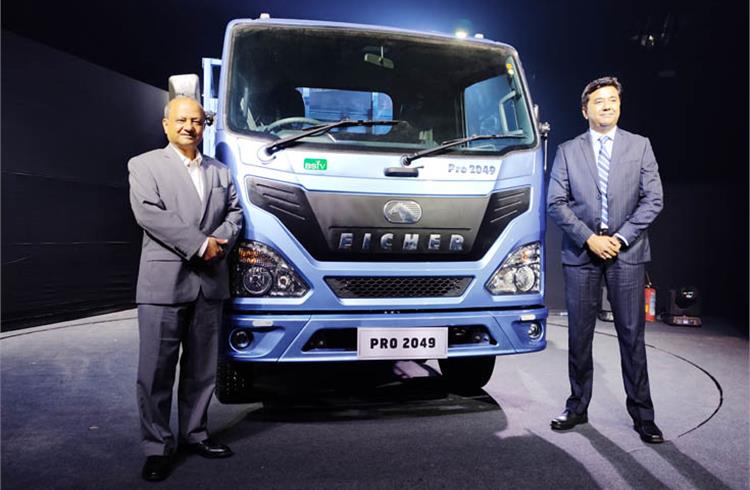 Vinod Aggarwal, MD and CEO, VECV and Vishal Mathur, senior VP (Sales & Marketing) unveil the Eicher Pro 2000 BS VI range of trucks in Mumbai.