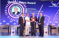 D V Sadananda Gowda, Minister of Chemicals and Fertilizers, government of India presents the ‘Quality Ratna’ award to Suresh Krishna, chairman, Sundram Fasteners. Also seen are (extreme left) Vikram Kirloskar, president, CII & vice- chairman, Toyota Kirloskar Motor and (extreme right) R. Mukundan, chairman, CII Institute of Quality and MD, Tata Chemicals.