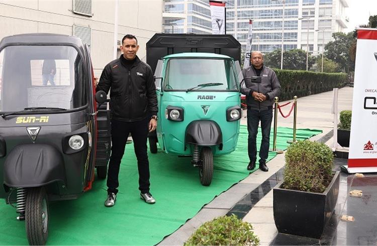 L-R: Uday Narang, chairman, Anglian Omega and Dr. Deb Mukherjee, MD, Omega Seiki Mobility at the unveil the new range of the electric vehicles - Sun Ri (three-wheeler cargo), Ride (E-rickshaw), and Stream (passenger auto-rickshaw).