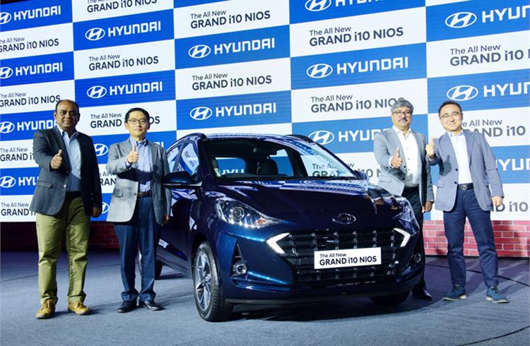 L-R: S Punnaivanam, VP – National Service and SS Kim, MD and CEO, HMIL, along with Vikas Jain, National Sales Head, HMIL, and S J Ha, ED (Sales & Marketing) at the launch of the Grand i10 Nios.
