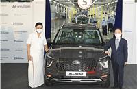 M K Stalin, Chief Minister of Tamil Nadu and S S Kim, MD and CEO, Hyundai Motor India, at the rollout of the 10 millionth car – an Alcazar SUV – at the Hyundai manufacturing plant.