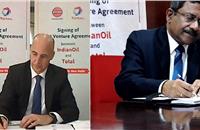 Patrick Pouyanné, Chairman and CEO of Total and Shrikant Madhav Vaidya, chairman of Indian Oil sign the joint venture pact.