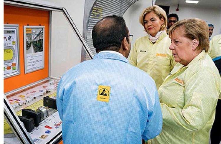 Chancellor Dr Angela Merkel, together with a German delegation, seen at Continental’s Manesar facility, near Gurgaon, on November 2, 2019 at the end of her India visit.