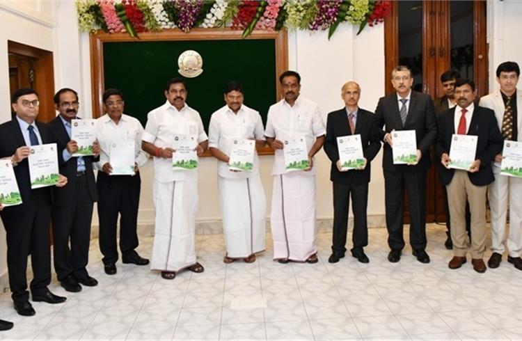 The chief minister of Tamil Nadu, E Palaniswami; senior bureaucrats and industry representative unveiling the draft EV policy today.