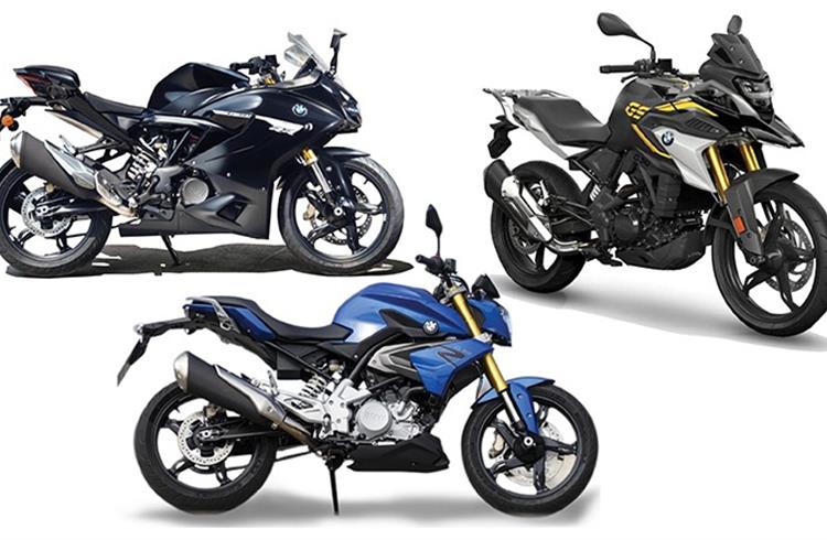 Clockwise from top left: the just-launched BMW 310RR, the 310 GS and the 310 R.