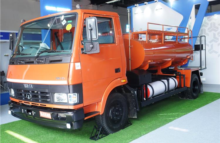 Tata 3 Kl spray tank truck on LPT 709 CNG at Clean Tech Environment 2019.