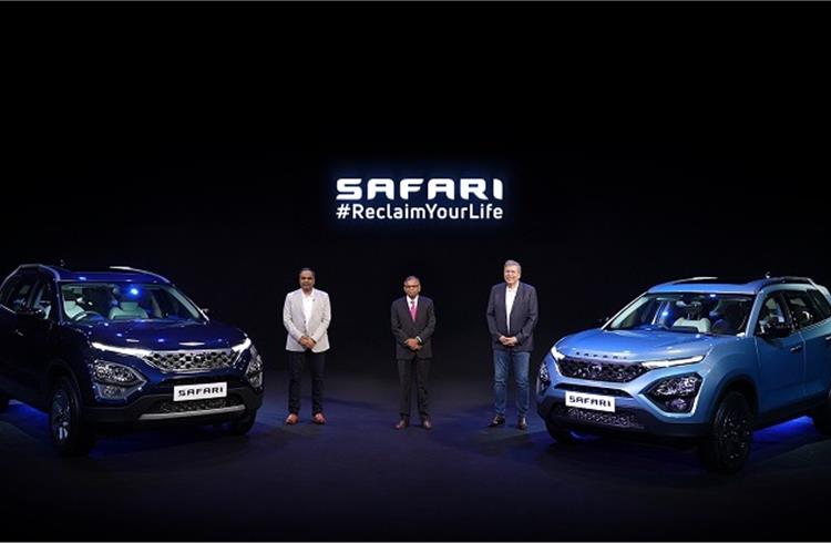 L-R: Shailesh Chandra – president, PVBU, Tata Motors; N Chandrasekaran – chairman, Tata Sons and Tata Motors and Guenter Butschek, CEO and MD, Tata Motors with the new Tata Safari.