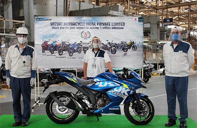 Suzuki Motorcycle India rolls out five millionth vehicle from its Gurugram plant.