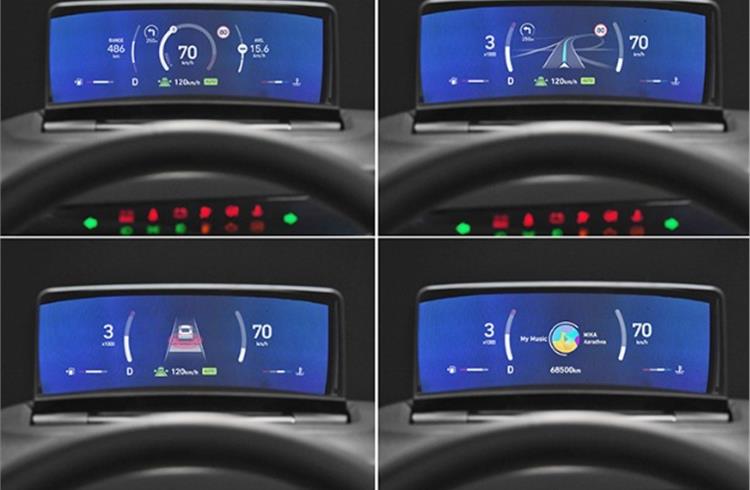 The clusterless HUD consists of 4 display areas – three at the top (for top speed, rpm, ADAS and navigation info) and one at the bottom (for shift mode, coolant temperature and driving range). It can also display turn signals and system information warning lights.