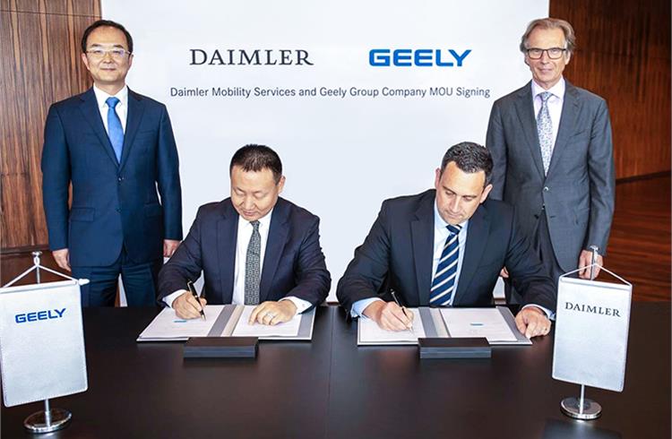An Conghui, Geely Holding President, and Liu Jinliang, President of Geely Group Company, Klaus Entenmann, CEO Daimler Financial Services, and Jörg Lamparter, head of Mobility Services, Daimler Fin