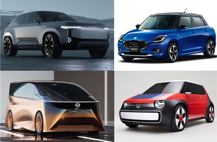 (Clockwise from top left) Land Cruiser Se EV concept, New Suzuki Swift, Honda SUSTAINA-C Concept, Nissan Hyper Tourer concept