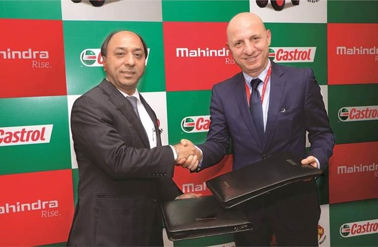 Hemant Sikka, president and chief purchase officer, powerol & spares business, Mahindra & Mahindra and Omer Dormen, managing director, Castrol India enter a partnership at a ceremony held in Mumbai