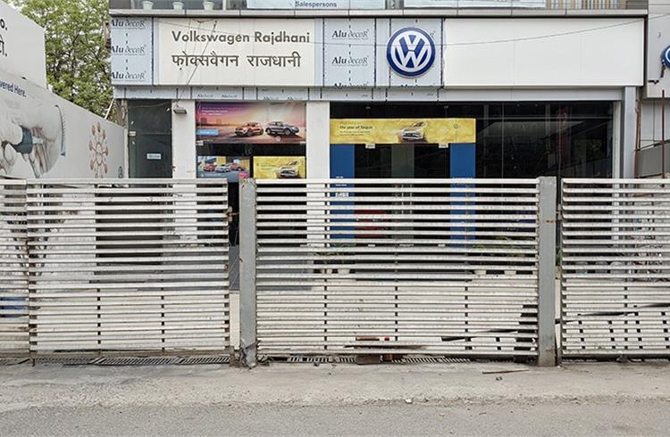 Shutters down for this Volkswagen India dealership in Shalimar Baug, North West Delhi.