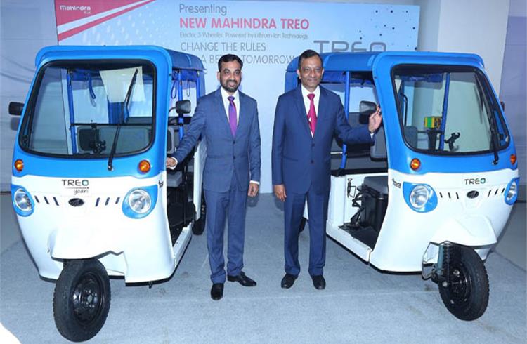 Mahesh Babu, CEO, Mahindra Electric, and Dr Pawan Goenka, MD, Mahindra & Mahindra Ltd and Chairman, Mahindra Electric Mobility, at the launch of the Treo electric three-wheelers.