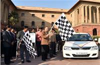 The Union Minister for Finance and Corporate Affairs, Arun Jaitley flagging off the E-vehicle, at the inauguration of the E-vehicle and charging station in North Block, New Delhi