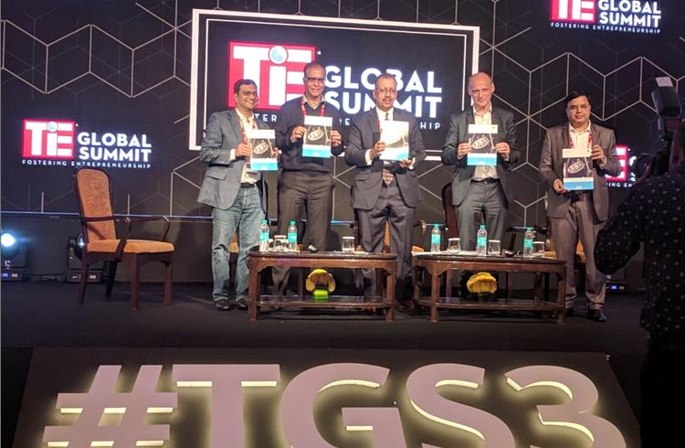 MG Motor India's, Rajeev Chaba, (2nd from left); Unlimit's Juergen Hase (2nd from right) and Cisco's Alok Srivastava announcing partnership to develop connected vehicles