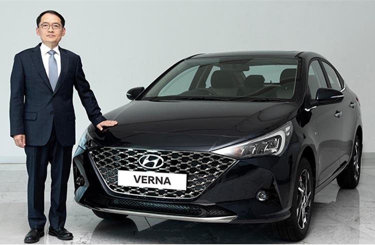  S S Kim, MD and CEO, Hyundai Motor India, with the new Verna. 