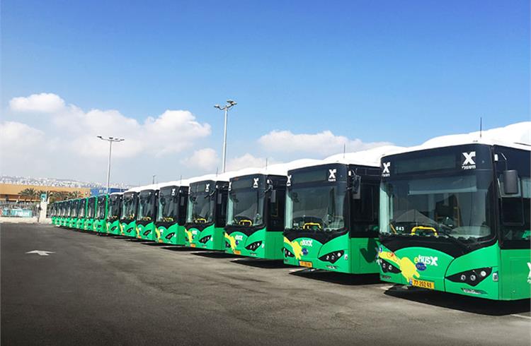 A row of BYD electric buses in Haifa. 