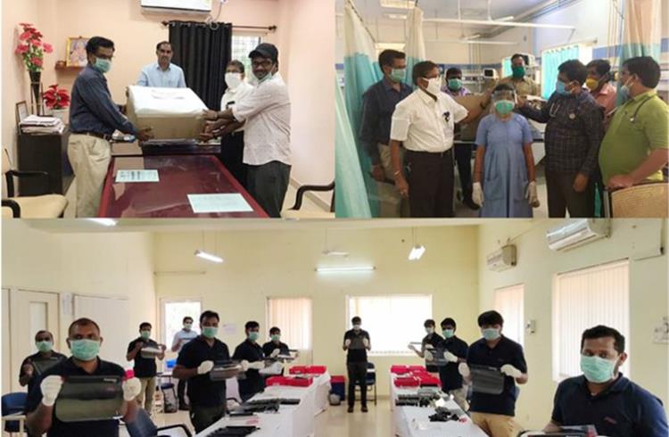 On April 12, the company's Zaheerabad plant in Telangana began assembling face shields. Distribution to police, medical personnel and media has begun. (Pics: VS Ram/Twitter)