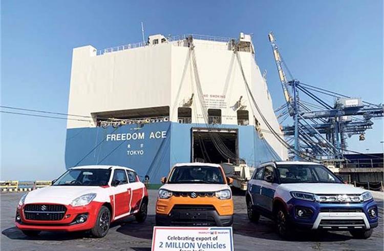 In February 2021, total Maruti Suzuki exports crossed the 2-million mark. Seen above is a batch of S-Presso, Swift and Vitara Brezza headed for South Africa from Mundra Port, Gujarat.