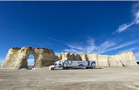 The Plus.ai truck at Monument Rocks (Kansas). The vehicle drove primarily in autonomous mode through the 2,800 miles across interstate 15 and interstate 70, passing through varied terrains and weather conditions.