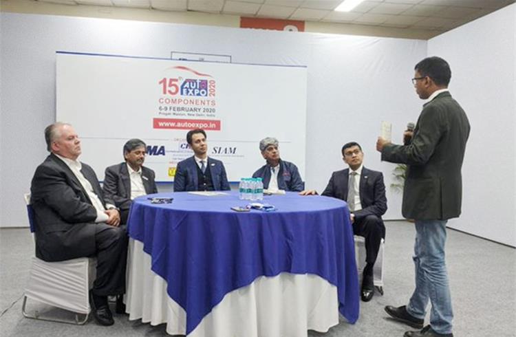 L-R: Shaw Dvpt's Scott Mackie; Maruti Suzuki's CV Raman; ACMA president & CMD, Lumax Industries' Deepak Jain; Sandhar Technologies Jayant Davar; Vikas Group's Abhimanyu Saraf, and Sumantra B Barooah.