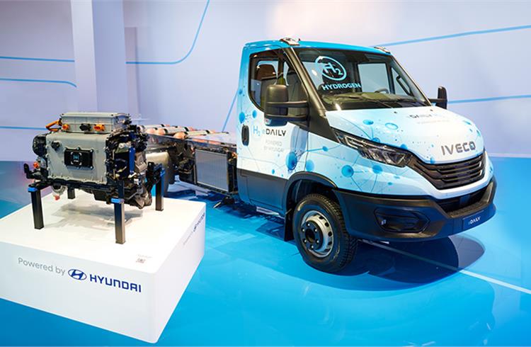 The eDaily FCEV, a large hydrogen-powered van equipped with Hyundai's hydrogen fuel cell system on display at the Iveco booth at the IAA Hannover Commercial Vehicle Fair.