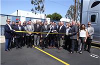Penske celebrating the announcement of its new electric vehicle commercial charging capabilities at its La Mirada, CA, facility during a livestream ribbon-cutting event with the Advanced Clean Transpo