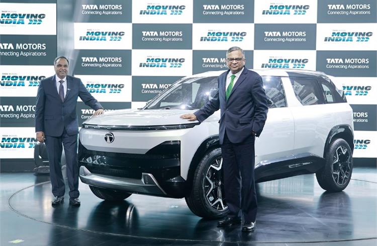 N Chandrasekaran, Executive Chairman, Tata Sons and Tata Motors (right), along with Shailesh Chandra, MD, Tata Motors PVs and Tata Passenger Electric Mobility with the Sierra EV.