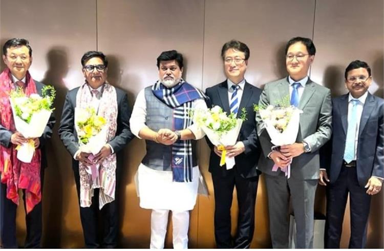 Maharashtra Industry Minister Uday Samant at Hyundai's Goyang Studio facility in South Korea with Industry Secretary Dr. Harshdeep Kamble and MIDC CEO Vipin Sharma