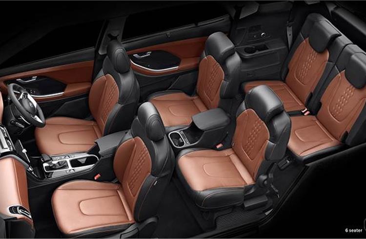 The Alcazar gets dual-tone Cognac Brown interiors, a voice-enabled smart panoramic sunroof, second row one-touch tip-and-tumble seats, 64-colour ambient lighting, eight-way power driver seat and advanced Hyundai Blue Link connected car technology.