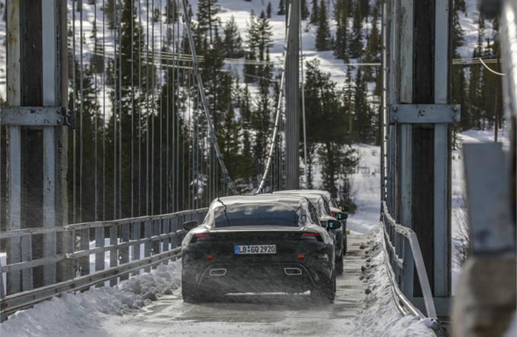 The Taycan in Scandinavia during cold weather tests. 