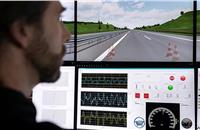 The vehicle controls are linked to the computerised controls of the driving simulator by data lines.
In the driving simulation centre, driving tests are carried out in a virtual world
