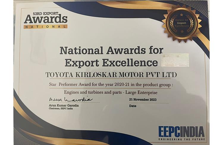 Toyota Kirloskar Motor clinches two EEPC India National Export Awards