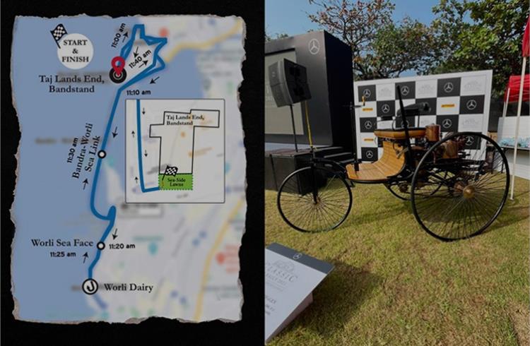 The route map. Right: Built in 1885, the Benz Patent-Motorwagen is considered to be the world’s first production automobile. This is a replica made by the GeeDee Group.
