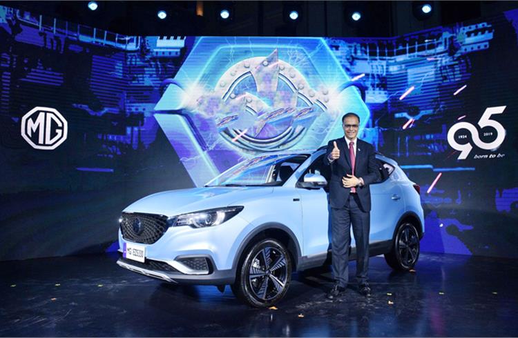 Rajeev Chaba, managing director of MG Motor India with the MG EZS at its global debut on April 10, 2019 in London.