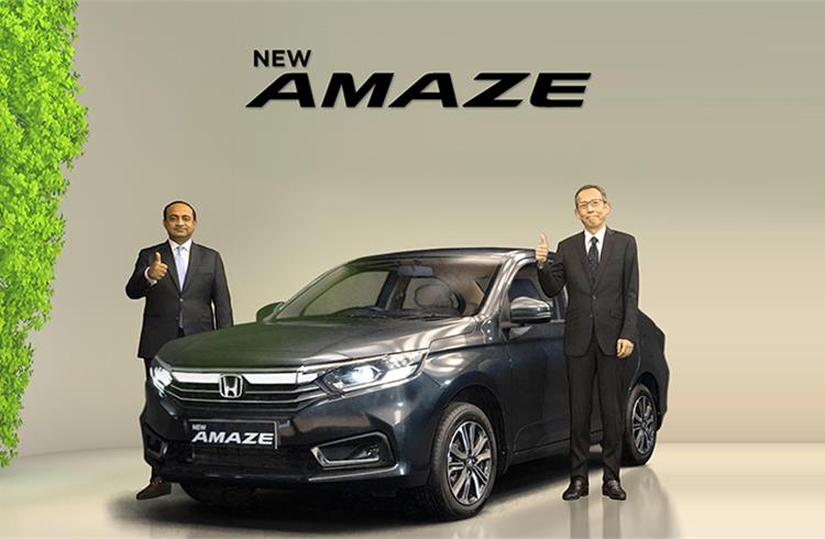 Gaku Nakanishi, President & CEO, Honda Cars India (right) and Rajesh Goel, Senior VP and Director-Marketing and Sales, at the launch of the 2021 Amaze.