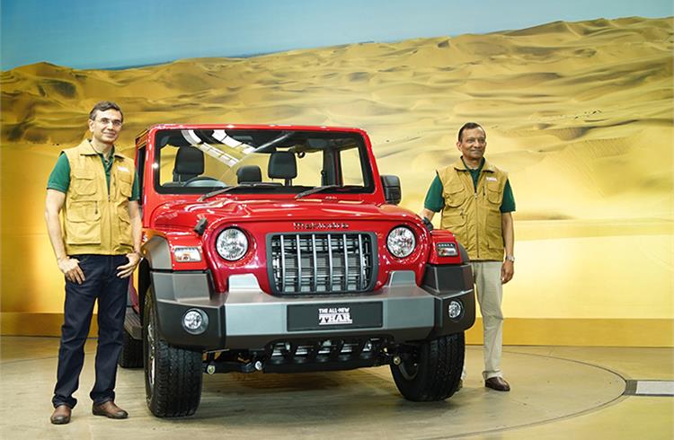 Rajesh Jejurikar, Executive Director, Auto & Farm Sectors, M&M, and Dr Pawan Goenka, MD, M&M, at the unveil of the new Thar on August 15, 2020. 