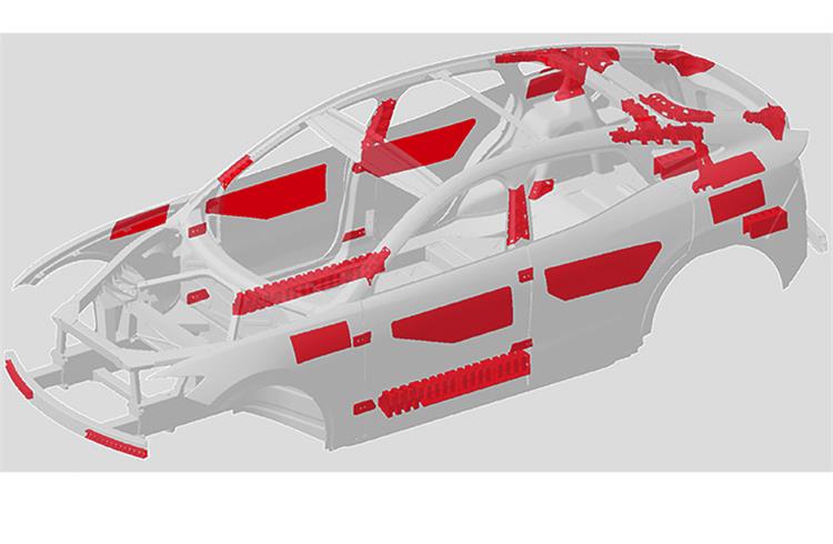 Pilot engineering project on an e-SUV concept demonstrates perfect integration of both solutions: Materials and Engineering. The project saw use of structural hybrid solutions, structural adhesives and panel reinforcements and reduced BIW and closure weight by 42kg (from 431kg to 389kg), achieved crash performance targets, and reduced joining elements by 6 percent.