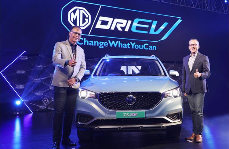 Rajeev Chaba, president and MD, MG Motor India, and Gaurav Gupta, Chief Commercial Officer, MG Motor India at the unveiling of the MG ZS EV in New Delhi.