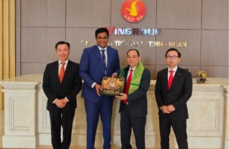 Dr TRB Rajaa, Minister of Industries Investment Promotions and Commerce of the Government of Tamil Nadu, with the VinFast top management. (Image: TN Industrial)