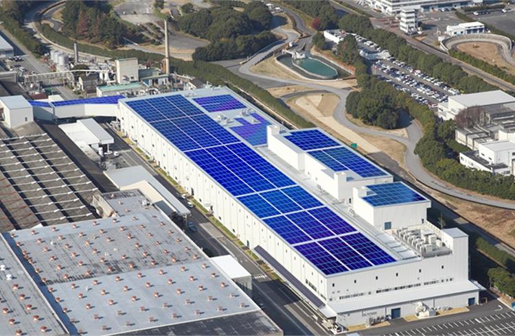Solar panels and repurposed EV batteries store energy; green energy system lowers factory emissions by 1,600 tonnes per year at the Okazaki Plant.