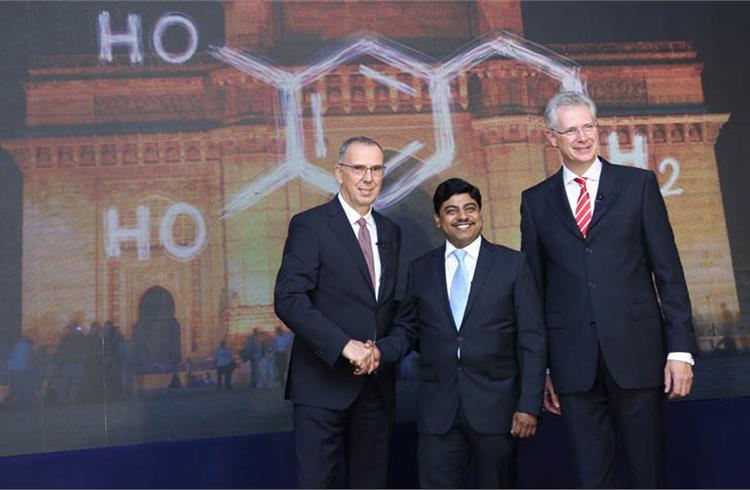 L-R: Dr. Hubert Fink, Lanxess AG Board of Management; Neelanjan Banerjee, vice-chairman & managing director, Lanxess India, and Dr Rainier van Roessel, Lanxess AG Board of Management.