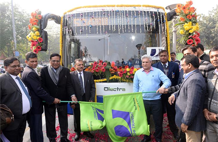 Kailash Gahlot, Transport Minister, Delhi Govt. flagging off ‘Zero Emmission, Noise free’ Electric Bus eBuzz K9 from Olectra-BYD for trials in Delhi